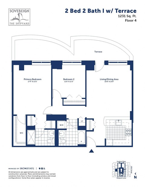 Floor plan for 2 beds, 2 baths, 1231 sqft
